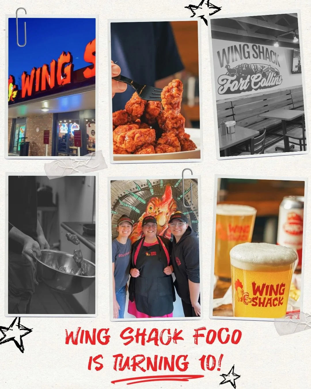 Wing Shack Fort Collins is turning 10! Join us this Saturday, April 11th, to celebrate the best way we know how: with 50 CENT WINGS!* 🔥🎂🍗

PLUS, the first 100 people will receive FREE SWAG 👀

Preorder your $0.50 wings now, and stay tuned for a BI
