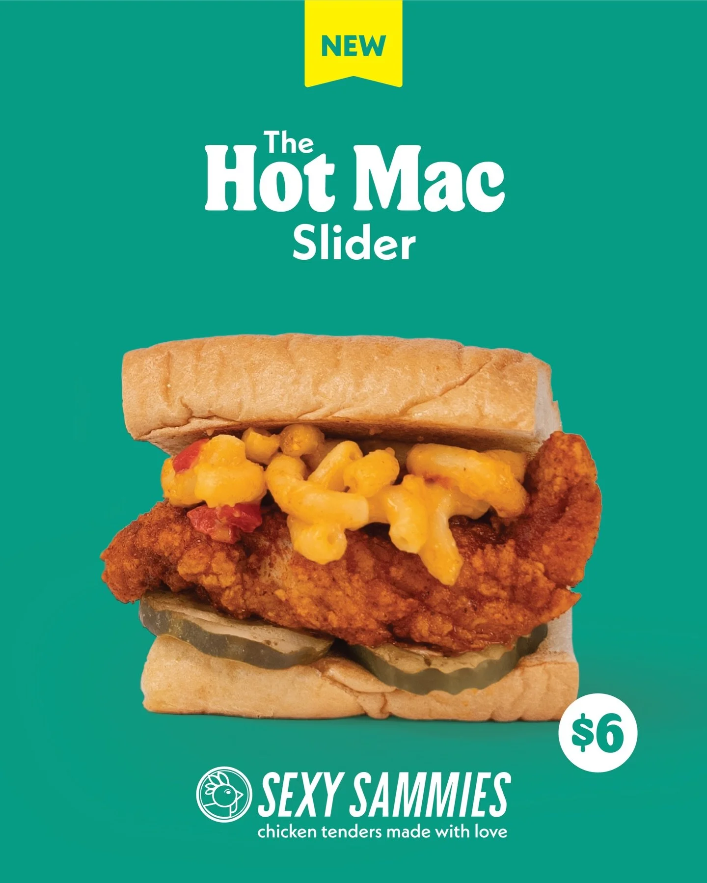 Get your hands on the Hot Mac slider 🔥 Stacked with our new and improved Mac &amp; Cheese recipe, pickles and
our famous Nashville Hot Chicken tender, you better
slide this into your order before it&rsquo;s gone 👀 Just $6.
Order link in bio!