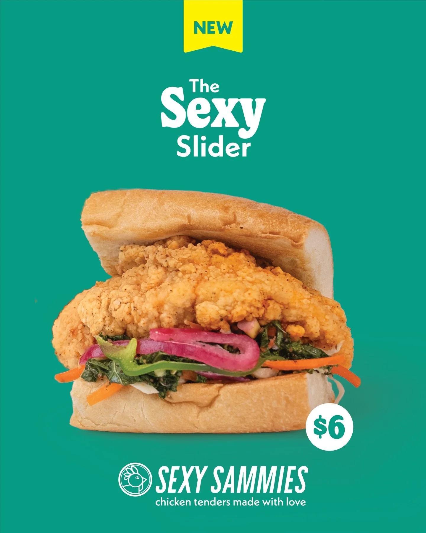 Ooo she&rsquo;s a lil&rsquo; spicy! 🥵 One bite of the Sexy Slider&rsquo;s
all-natural hand-breaded chicken tender atop our
signature Sammies Slaw (complete with jalape&ntilde;o and pickled onions) and you&rsquo;ll be begging for more. Grab yours now