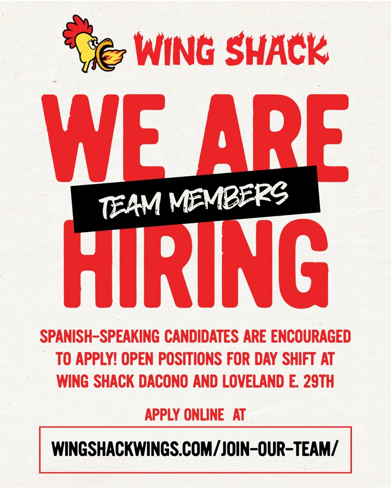 Calling all Dacono and Loveland Wing lovers! Looking for a new gig? We&rsquo;re looking for team members for day shift at our Dacono and Loveland E 29th locations 🙌🐓 Visit our website to apply!