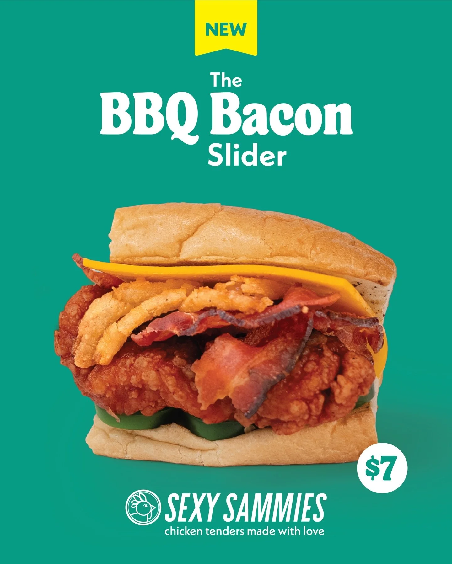 Bold, filling and packed with bacon, cheese, crispy
onions, jalepenos and an all-natural hand-breaded
BBQ chicken tender, this slider packs a punch of
legendary flavor. 🥓🧀 Try one now for just $7! Order link
in bio.