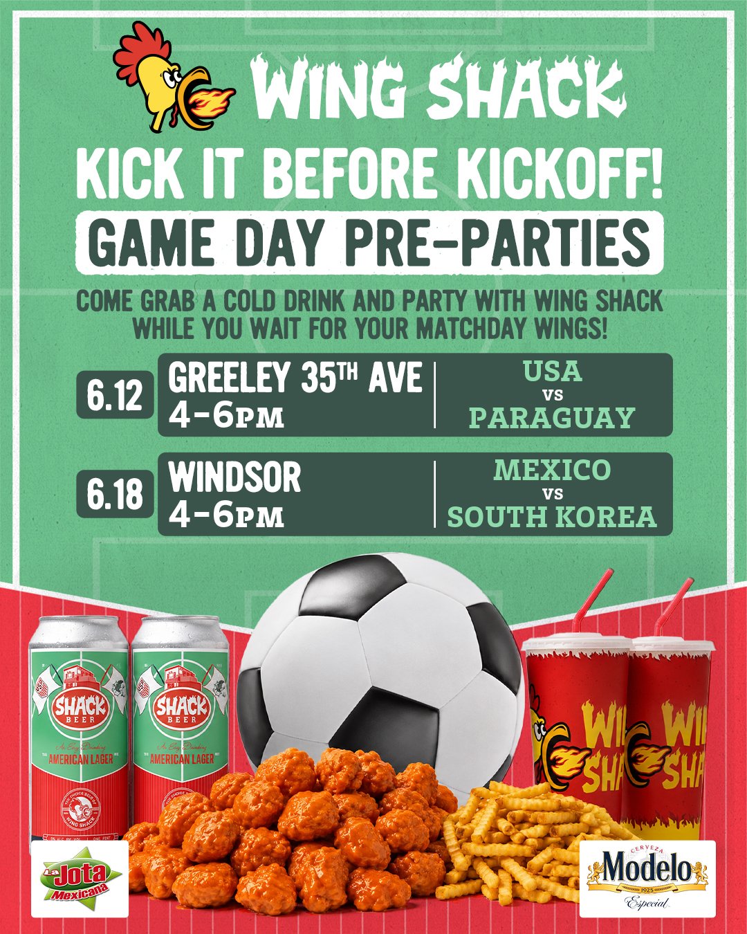 Work up those appetites and get ready to cheer on the USA next Friday, June 12th! Come kick it before kickoff with @lajotamexicana  and @modelousa at Wing Shack 35th and grab a cold drink while you wait for your gameday wings! We have some epic speci