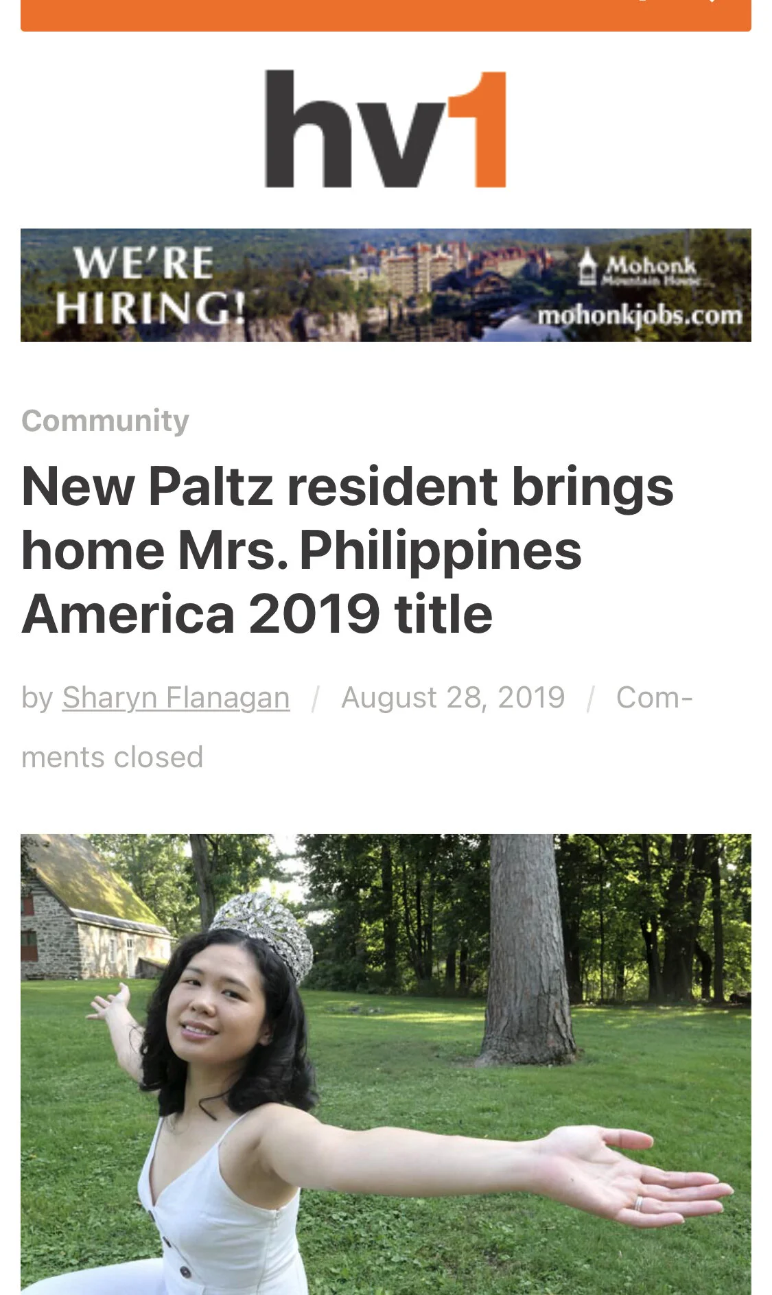 Hudson Valley One Article Cover "New Paltz resident brings home Mrs. Philippines America 2019 Title"