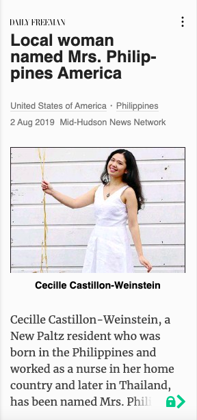 Daily Freeman Article cover "Local Woman Named Mrs. Philippines America"