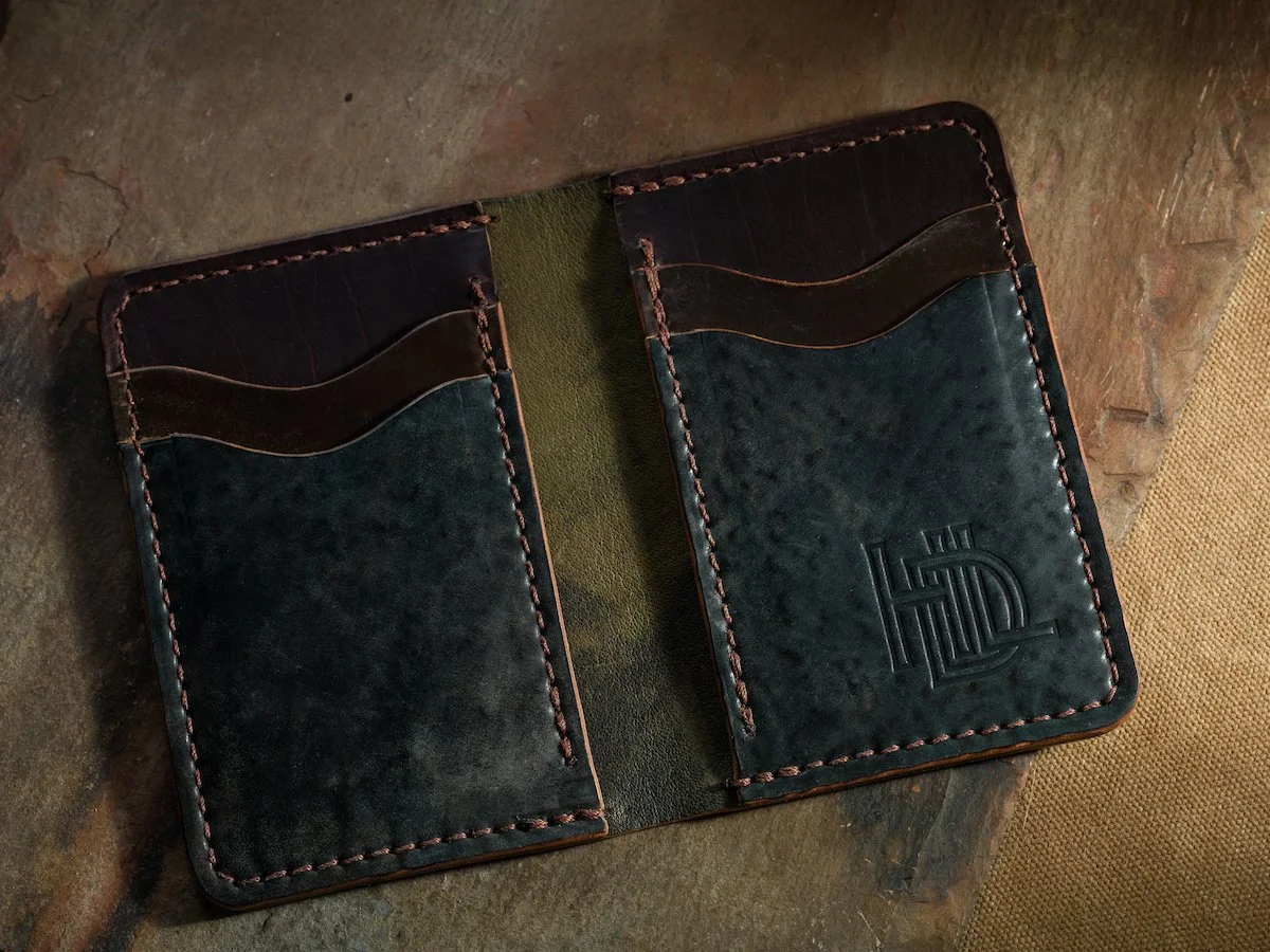 Shell Cordovan Wallet No. 03 in Tumbled Verdigris + Cigar + Brown Nut Calf