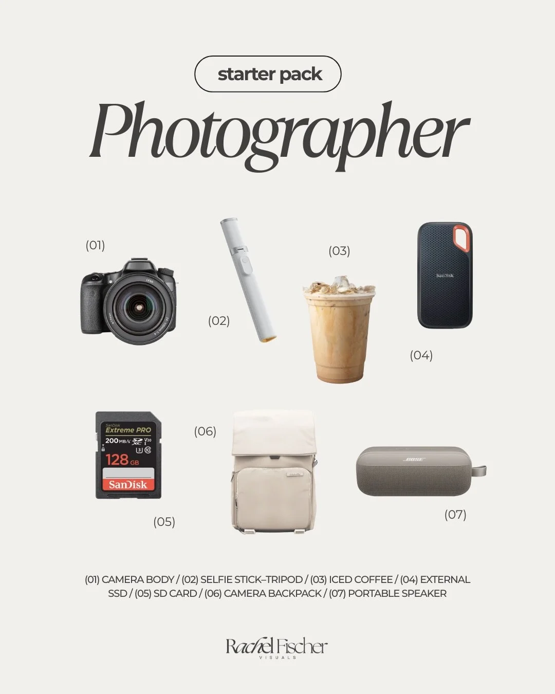 Every photographer has their go to essentials&hellip; so here are a few of mine 🤍📸⁠
⁠
A camera that never leaves my side, my little selfie stick&ndash;tripod for BTS moments, iced coffee (obviously), and all the tiny things that make shoot days fee