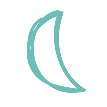 A stylized drawing of a crescent moon in light blue.
