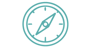 A compass with a teal face and a black outer ring, showing the needle pointing northeast.