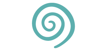A teal-colored spiral symbol on a white background.