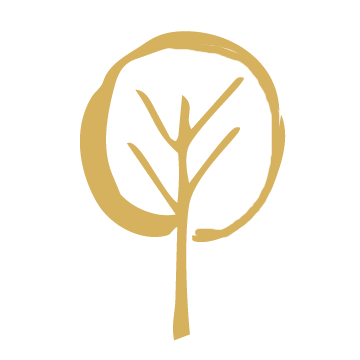 Stylized tree with a gold circle around it on a black background.