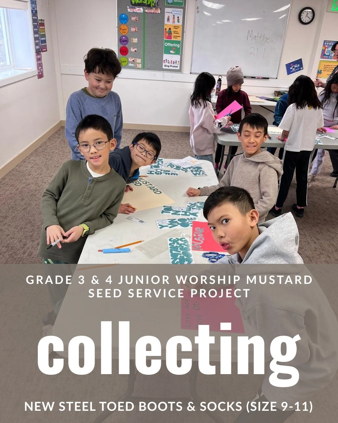 Our Grades 3 &amp; 4 Junior Worship crew is diving into what it means to serve this spring 💛

Last Sunday, they were hard at work creating posters and spreading the word about their latest initiative &mdash; a Steel-Toed Boots &amp; Socks Drive for 