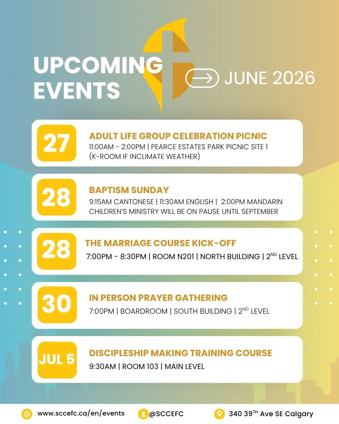 📅 Upcoming Events at SCCEFC

Join us as we gather for fellowship, worship, prayer, and discipleship this June and July!

✨ Adult Life Group Celebration Picnic
✨ Baptism Sunday
✨ The Marriage Course Kick-Off
✨ In-Person Prayer Gathering
✨ Discipleshi