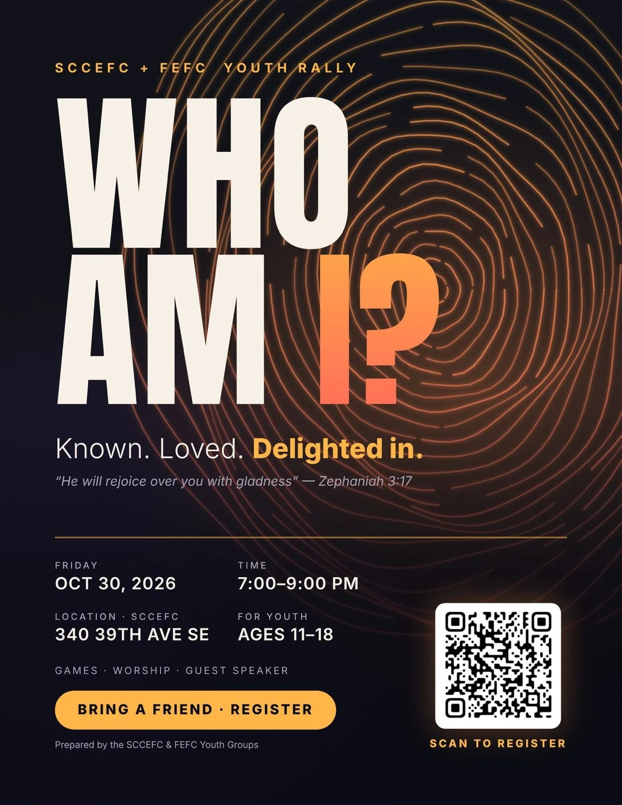 ✨ YOUTH RALLY: WHO AM I? ✨

Who does God say you are? 

Calling all youth ages 11&ndash;18! Join us for a night of games, worship, and an inspiring message as we discover what it means to be KNOWN, LOVED, &amp; DELIGHTED IN by God! 

📅 Friday, Octob