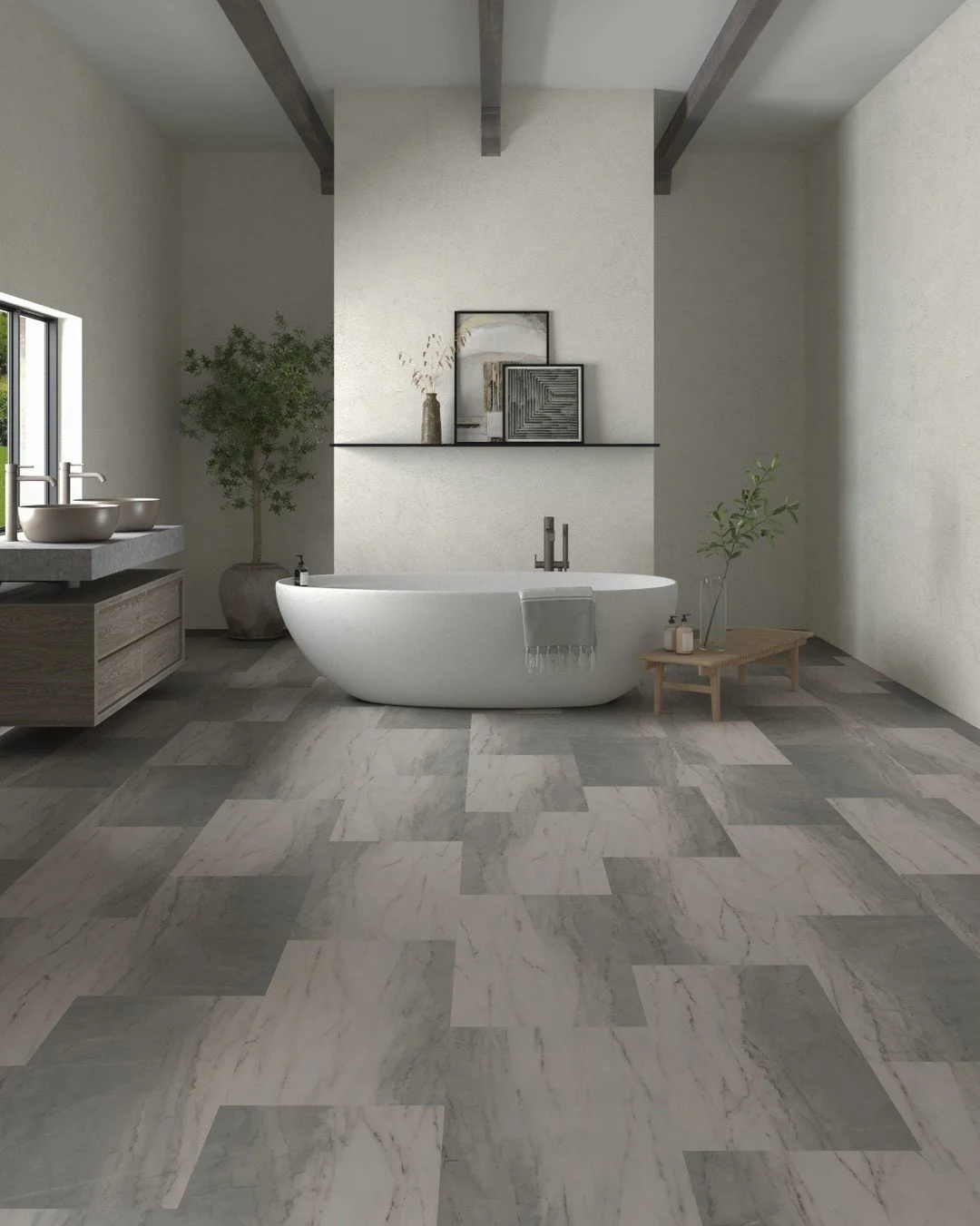 ❄️ Embrace the elegance of the season in your bathroom design with @manningtonfloors ADURA&reg;Rigid Luxury Vinyl Tile, Arctic. Inspired by the cool tones of heavily veined marble, this pattern exudes sophistication while delivering durability as a w