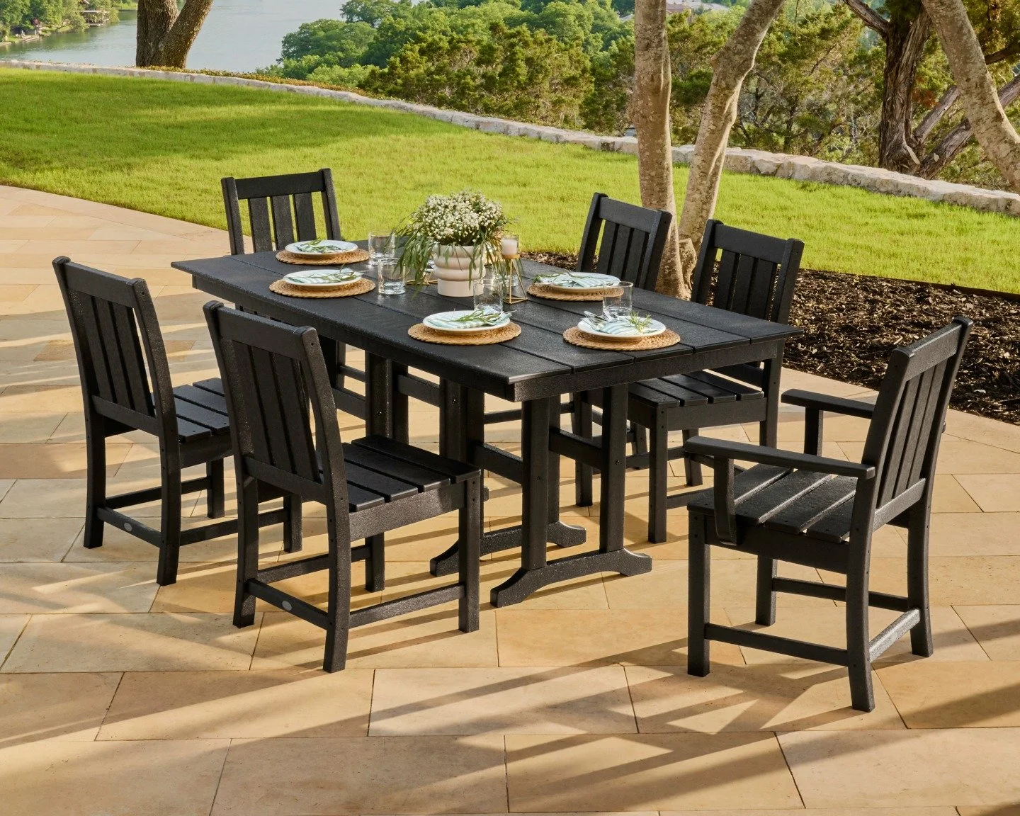 Pull up a chair and stay a while. With space to seat six, POLYWOOD's all-weather Oxford 7-Piece Farmhouse Dining Set is ideal for casual weekday meals or cocktail parties. 
Discover POLYWOOD at Ideal Decorating, Inc..