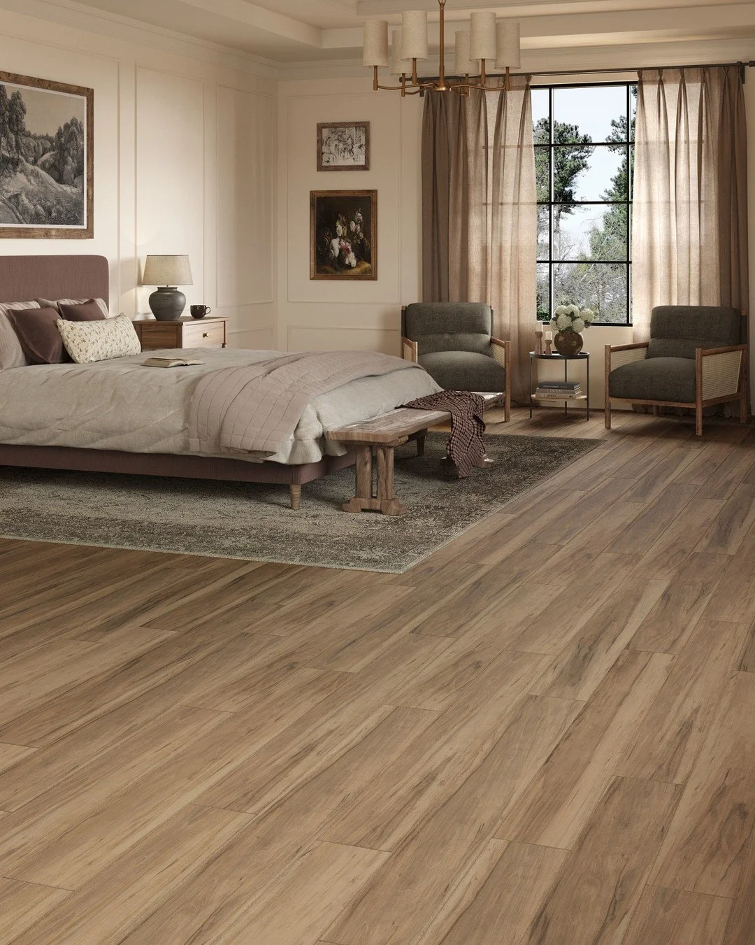 Ground your bedroom in warmth and charm with @manningtonfloors Gala ADURA&reg; Luxury Vinyl Plank. 

Designed to emulate the look of Apple Wood, these planks include an authentic, hand-scraped texture, beautiful mineral lines, and interesting spaltin