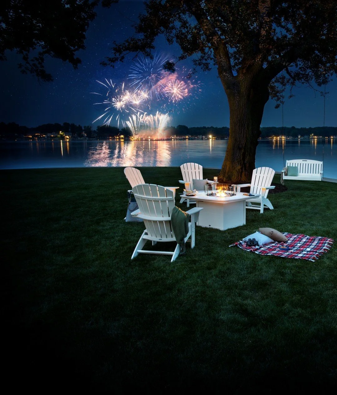 Your 4th of July Checklist:
✅ Comfortable seating for guests
✅ Smokeless fire pit table that brings that ambiance, not the smell
✅ Quick-drying cushions in case of rain
USA-made POLYWOOD checks all the boxes!