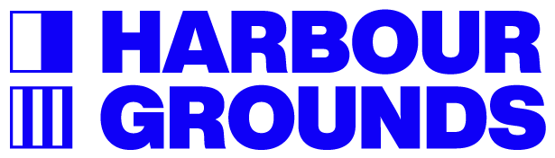 Harbour Grounds logo with a blue background and a black square to the left, featuring a white stylized dock or building design.