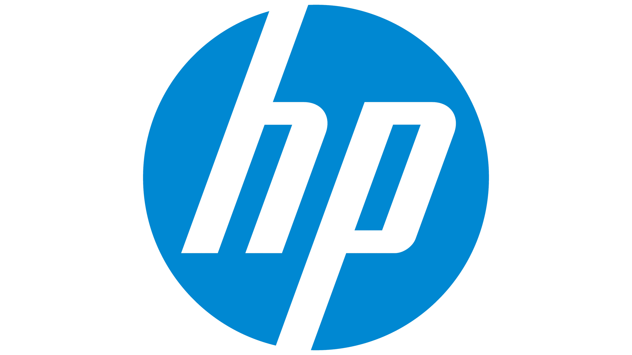 HP logo with black text on a blue circle background.