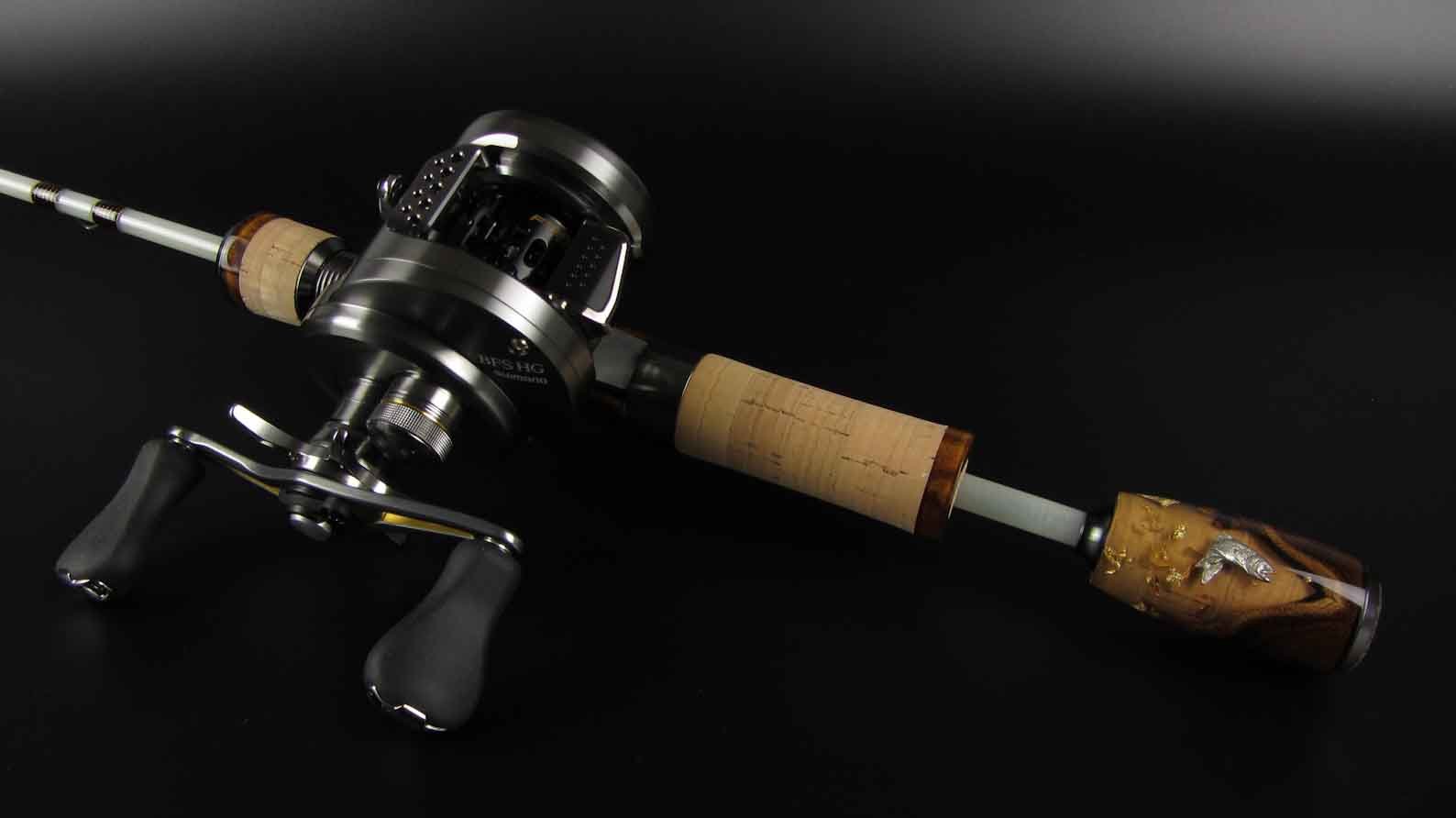 Custom fiberglass BFS trout rod made with flor cork and olive wood, Resilure Custom fishing rods
