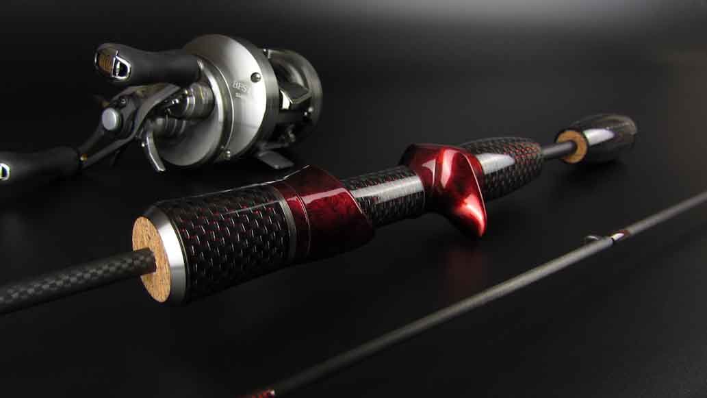 Custom BFS perch lure rod with shimano calcutta conquest bfs reel . Red  carbon fiber with 3d perch, Resilure Custom fishing rods