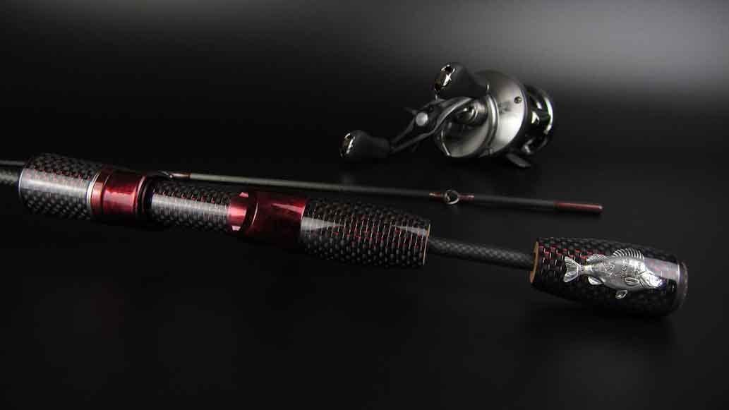 Custom BFS perch lure rod with shimano calcutta conquest bfs reel . Red  carbon fiber with 3d perch, Resilure Custom fishing rods