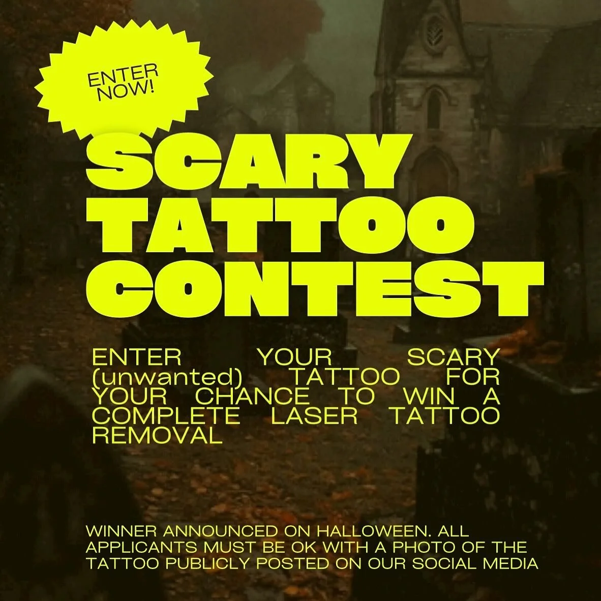 It’s back!! Do you have a spooky, scary, “no ragrets” tattoo you’ve always wanted gone?! Enter our Scary Tattoo Contest 🎃👻🪦☠️⚰️
DETAILS ON HOW TO ENTER:
*All participants must be ok with the photo of the tattoo being publ