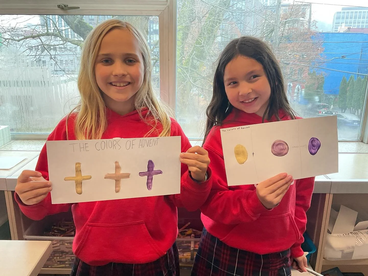 Classroom Happenings:
During Religion, 4th grade students created &lsquo;the colors of advent&rsquo; using gold and purple paint. When you combine the gold and purple it makes the color rose which is what is represented by Monsignor&rsquo;s garb duri