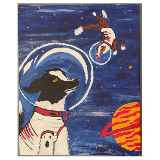 Painting of a dog in space with a helmet, a cat floating outside, and a red and yellow planet.