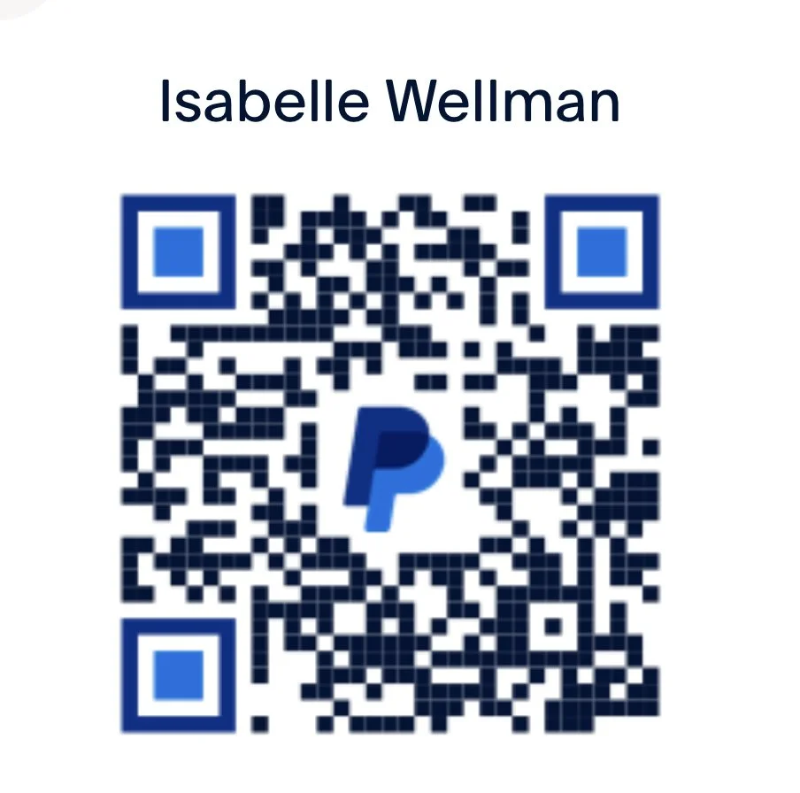 A QR code with the PayPal logo in the center and the name 'Isabelle Wellman' above it.