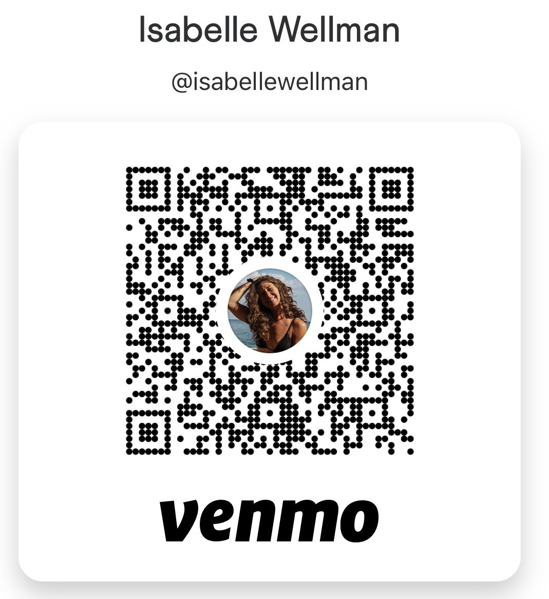 Venmo QR code with a profile picture of a woman with curly hair and a black top, alongside the name Isabelle Wellman and the handle @isabellewellman.