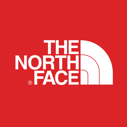 Red background with white logo of The North Face, featuring the brand name and an abstract half-dome design.