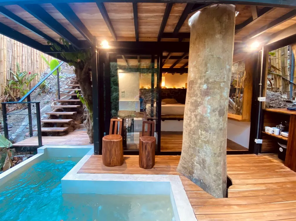 Outdoor patio with wooden walls and floor, small round rug, black chairs, shelves with plants and decorations, and a small table with a vase of flowers, under a thatched roof supported by wooden beams.
