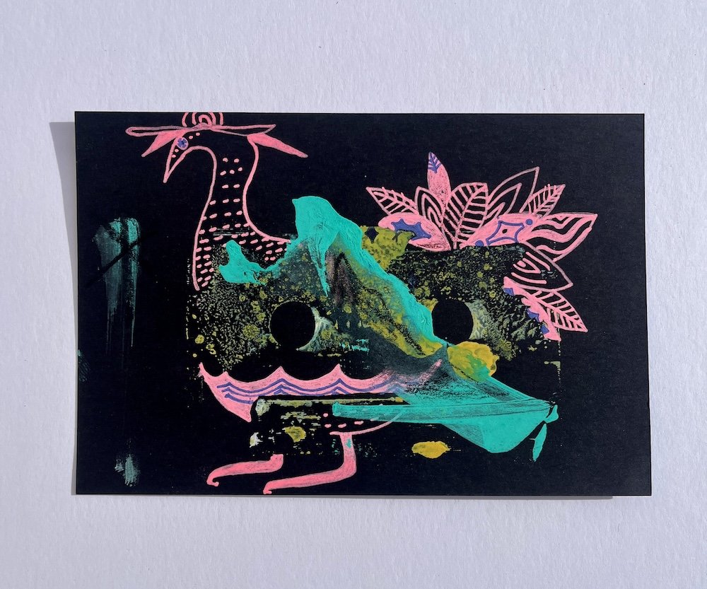 cassette mono print "pink bird"