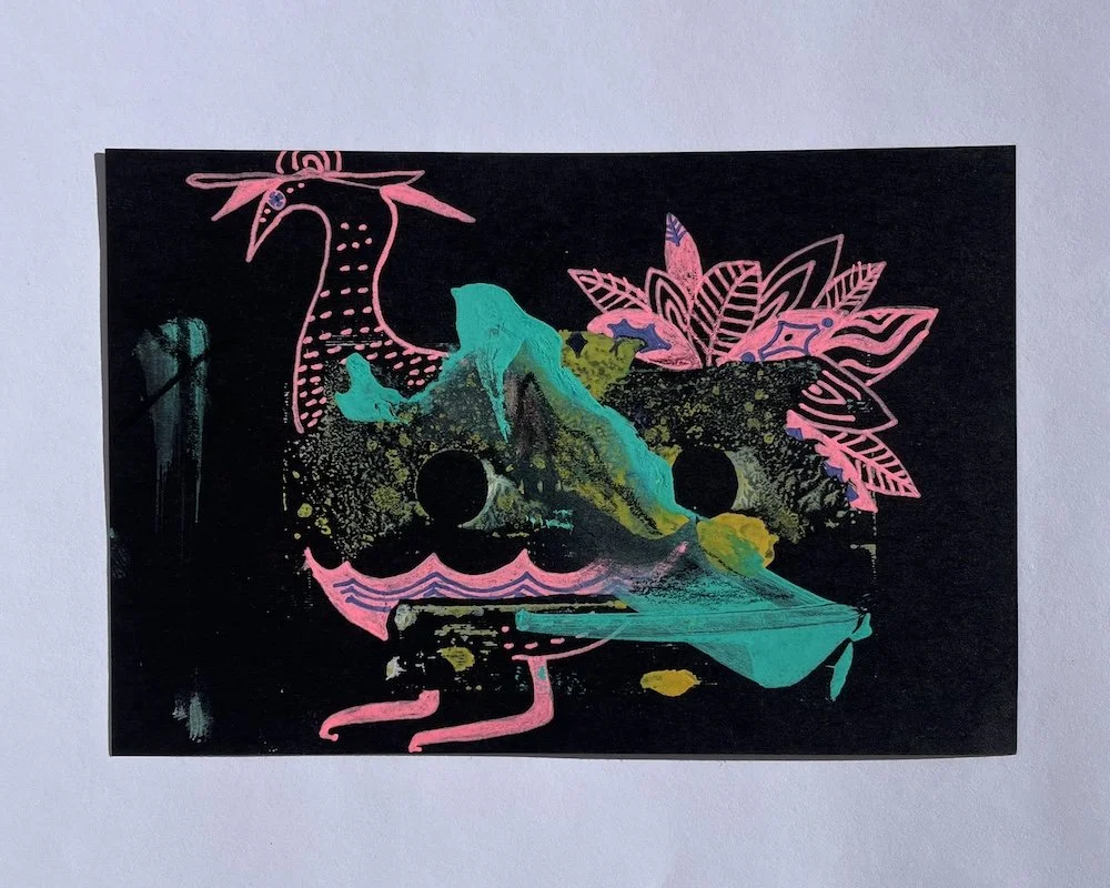 cassette mono print "pink bird"