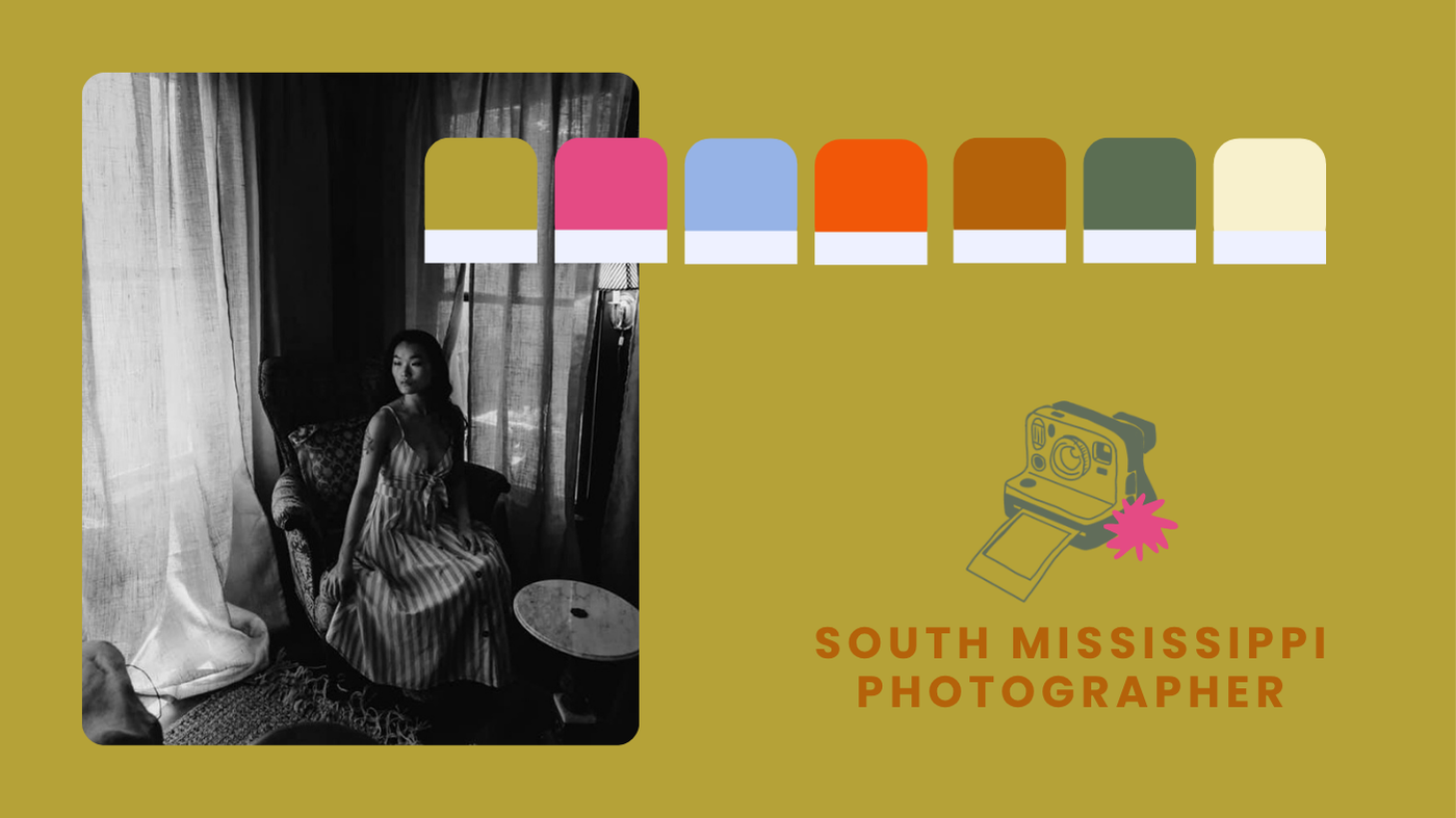 A black and white photo of a woman in a striped dress sitting on an armchair next to window curtains in a room with warm lighting, with the phrase "South Mississippi Photographer" and an illustration of a camera.