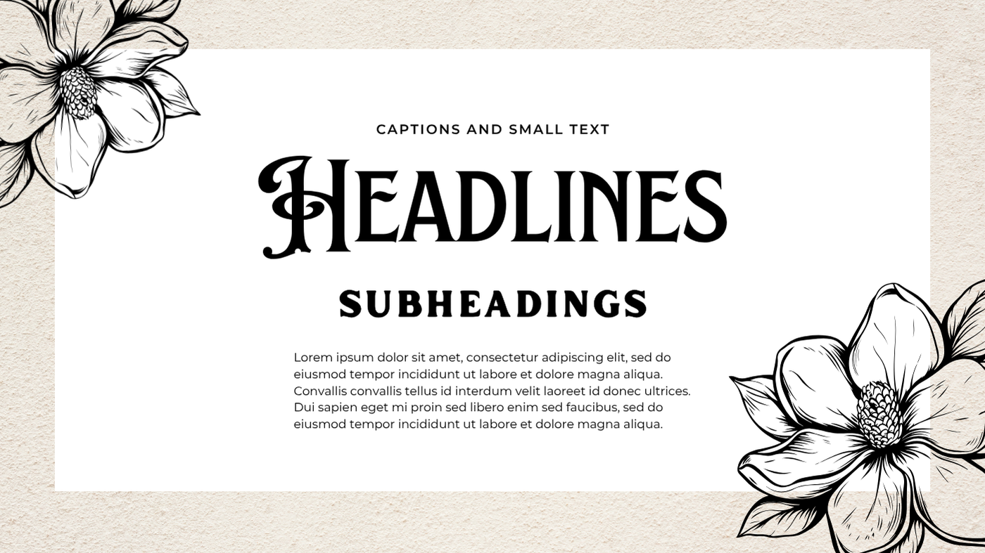 Decorative template with black and white floral illustrations in the corners, featuring a central white rectangle with placeholder text for the title 'Headlines,' subheading, and sample paragraph.