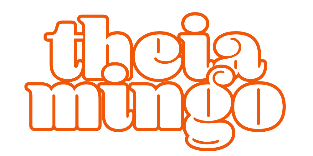The text "thea mungo" written in white with an orange outline, with a playful and bold font style.