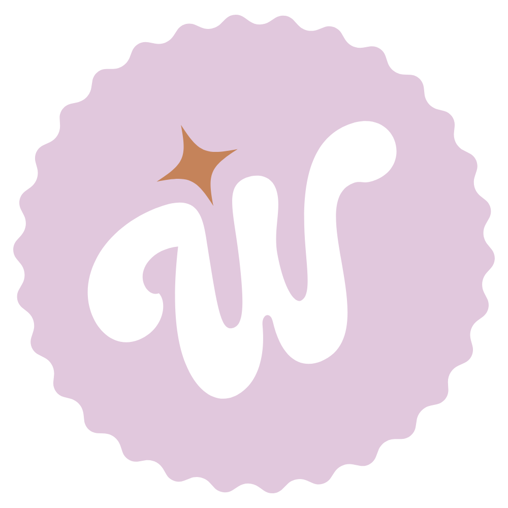 Purple scalloped-edged badge with the letter W in white calligraphy and a small brown star-like sparkle near the top of the letter.