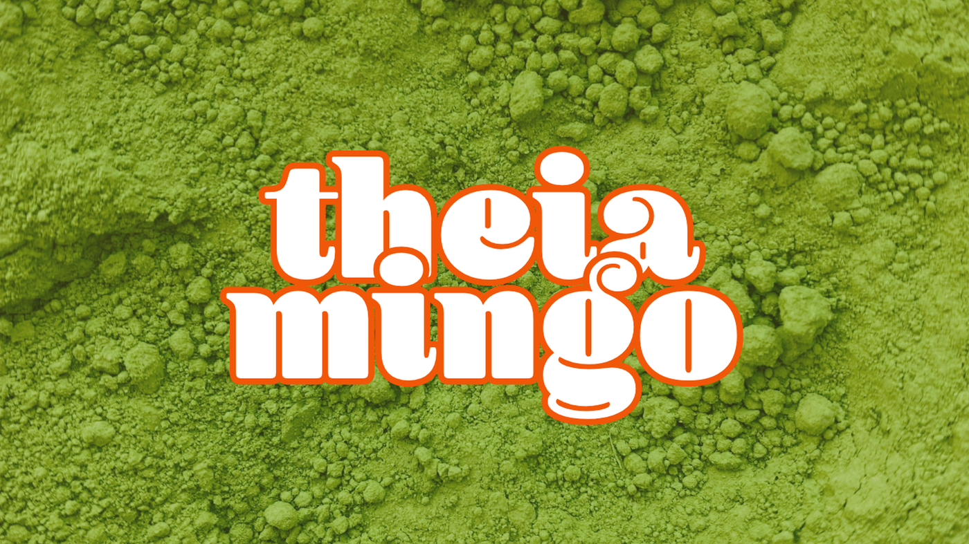 Text 'thea mugo' written over a green powdery background.