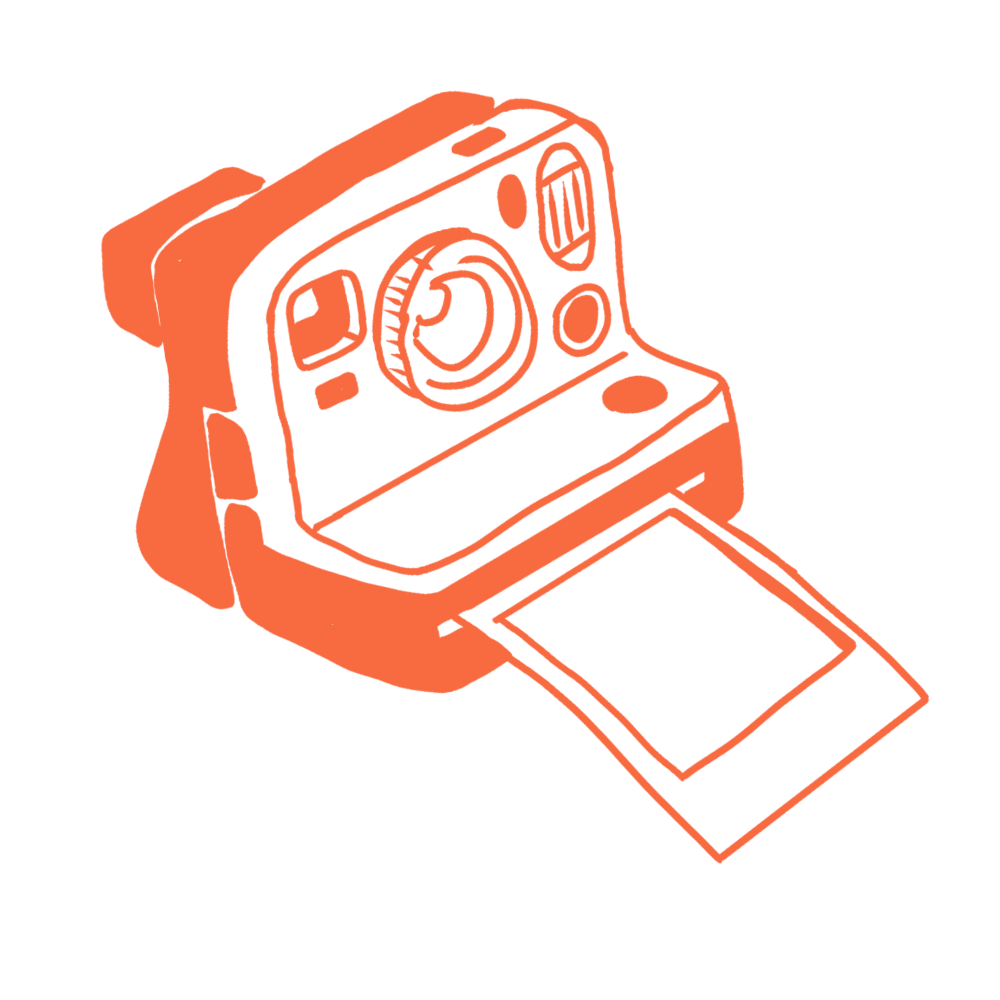 Graphic illustration of a vintage camera with a built-in Polaroid instant photo being ejected.