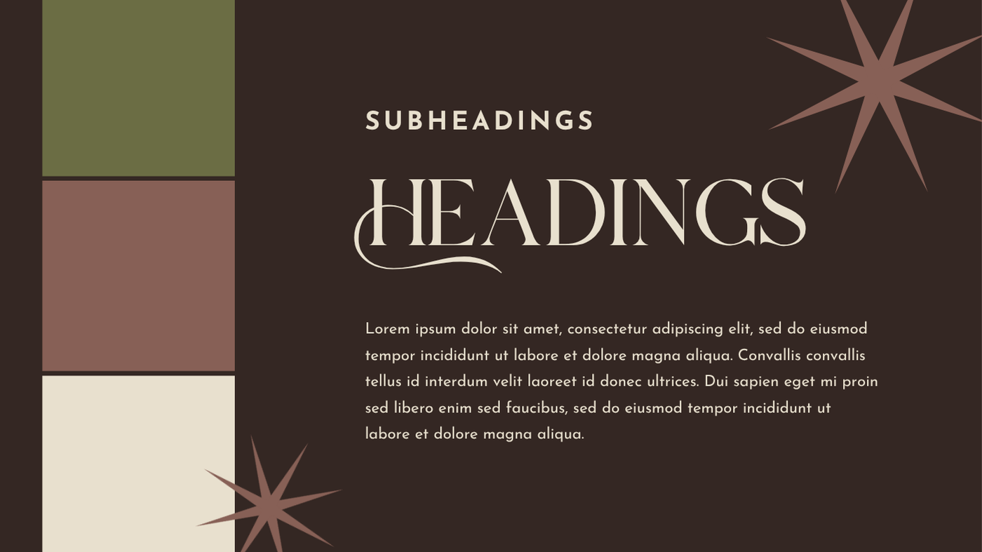 A graphic design slide with the title 'Headings' in large serif font, subheading 'Subheadings' above it, and placeholder text below, set against a dark background with decorative starburst shapes in corner and left-side colored blocks in muted earth tones.