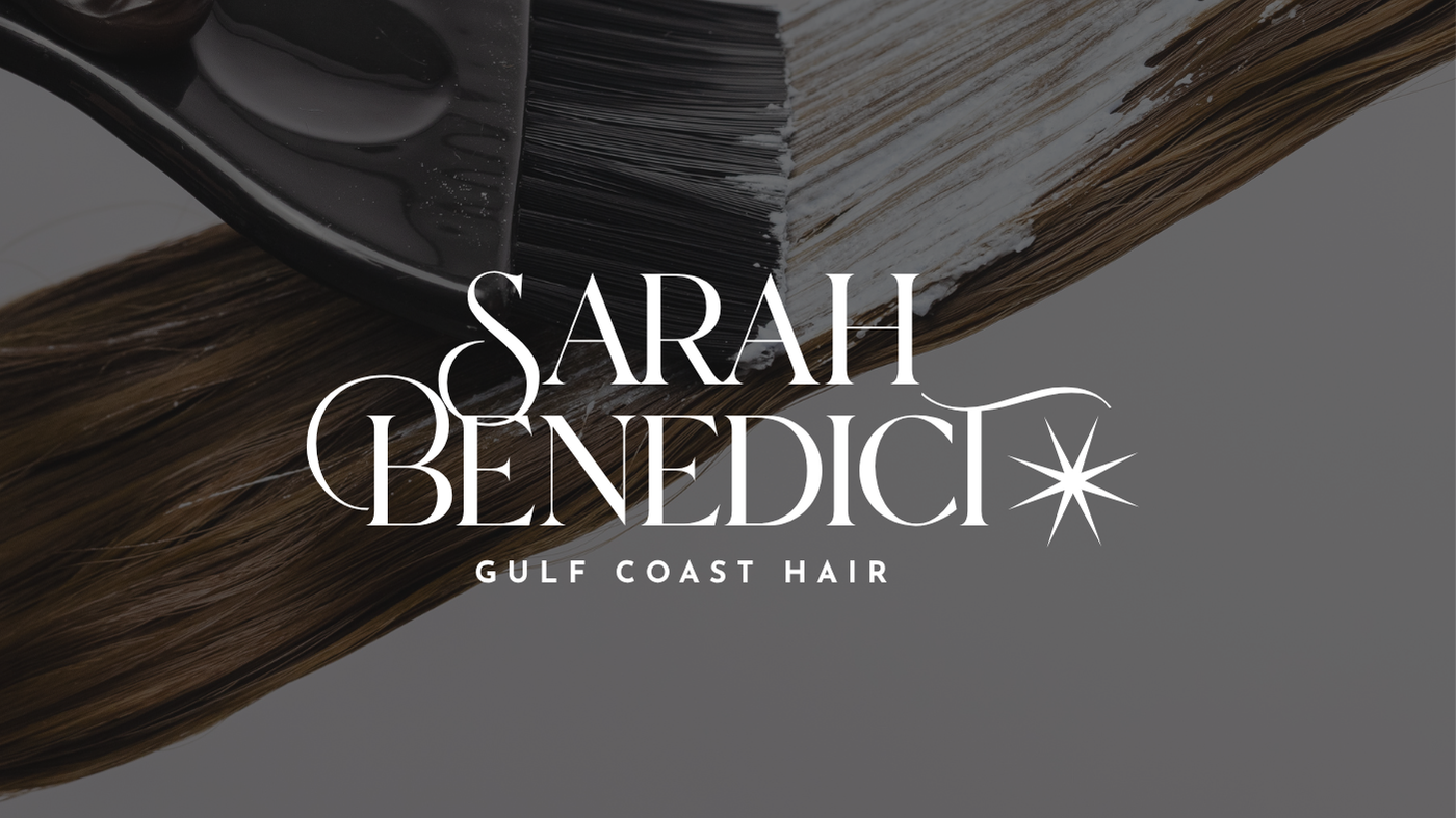 Close-up of a hair coloring process with brown hair on a brush, with overlay text 'Sarah Benedict Gulf Coast Hair' and a star logo.