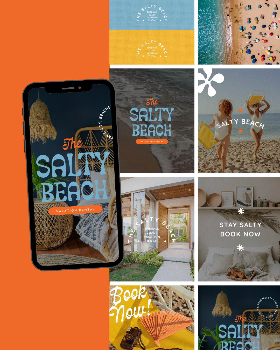 A collage of images promoting The Salty Beach vacation rental. Includes shots of the beach with umbrellas and towels, a cozy interior, a tropical-style room, and a woman in a swimsuit at the beach. Central image shows a smartphone displaying the rental's logo and branding.