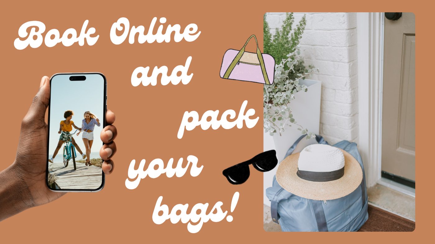 Advertisement image promoting booking online and packing bags, featuring a person holding a phone with two women on a bike on the screen, a purple and beige handbag illustration, a pair of black sunglasses, and a photograph of a blue duffel bag with a white hat and greenery beside a door.