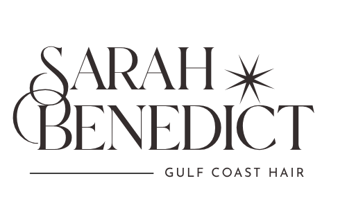 Logo for Sarah Benedict Gulf Coast Hair with stylized text and a starburst graphic.