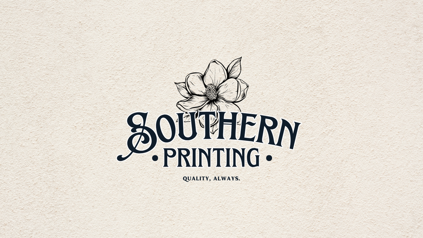 Logo for Southern Printing with a flower illustration and the slogan "Quality, Always" on a textured beige background.