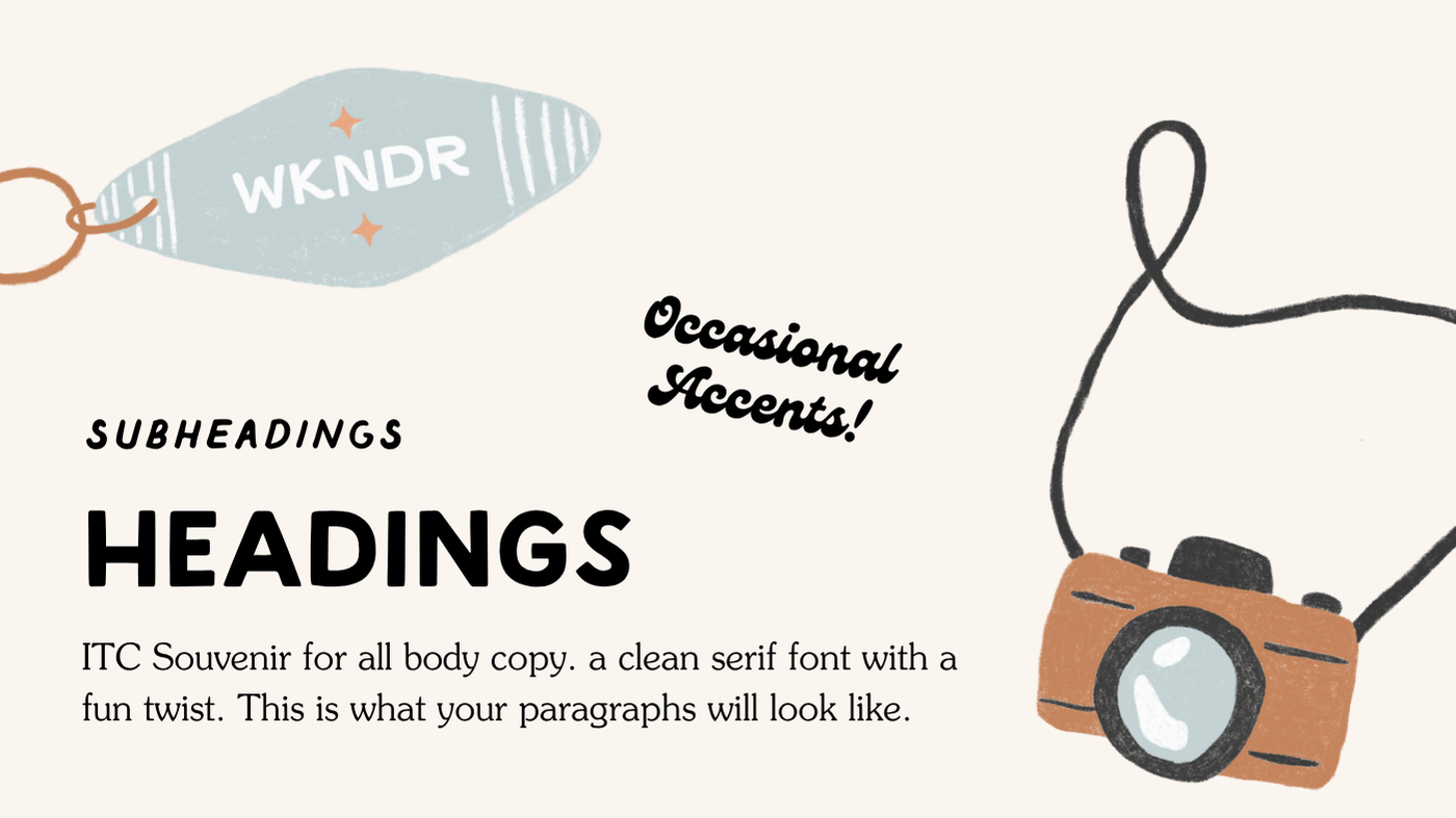 An illustrated camera with a strap, a tag labeled WKNDR, and various text elements about headings, subheadings, and optional accents.