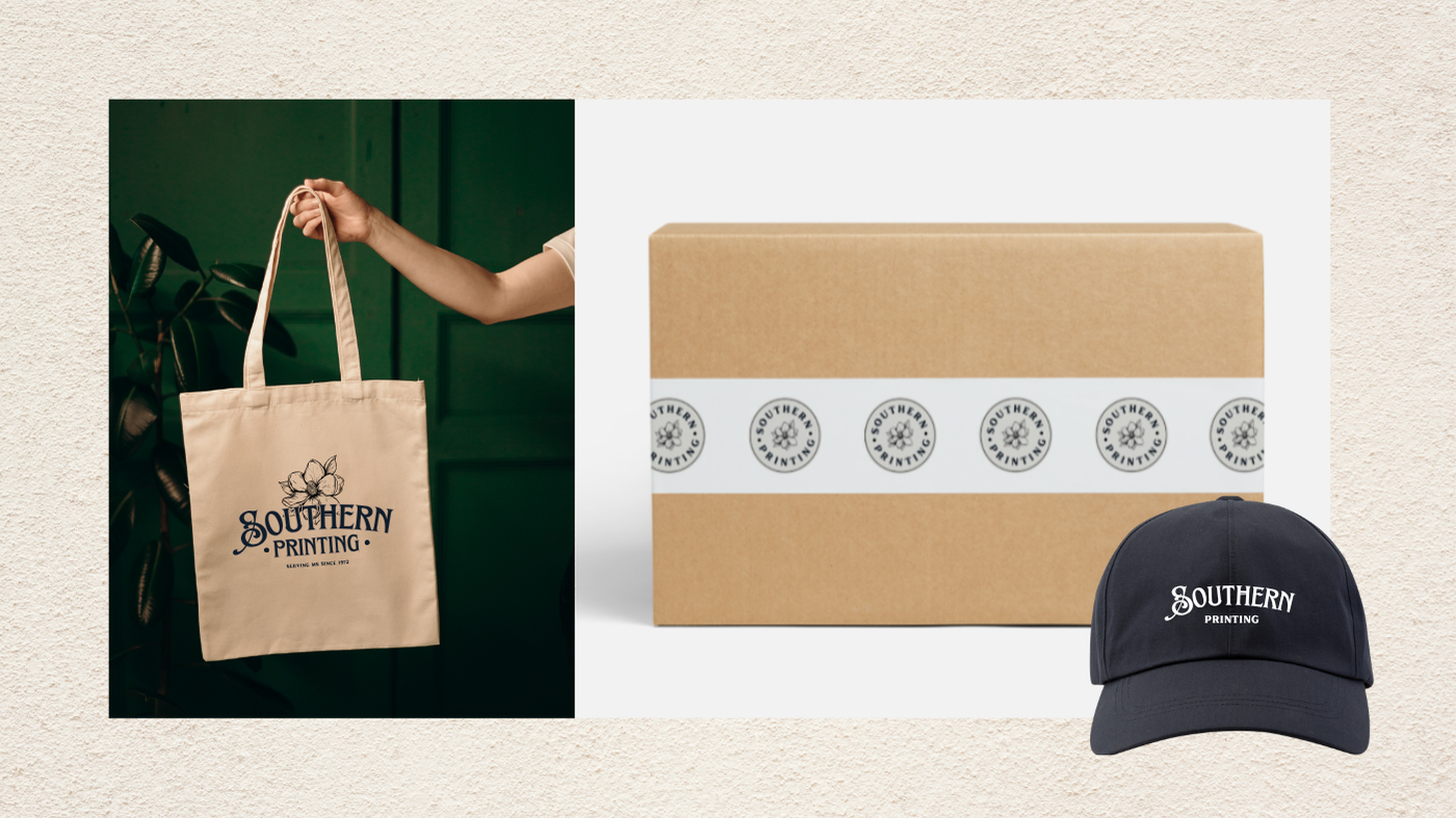 A tote bag, a cardboard box with a printed band, and a baseball cap, all branded with 'Southern Printing' logo.