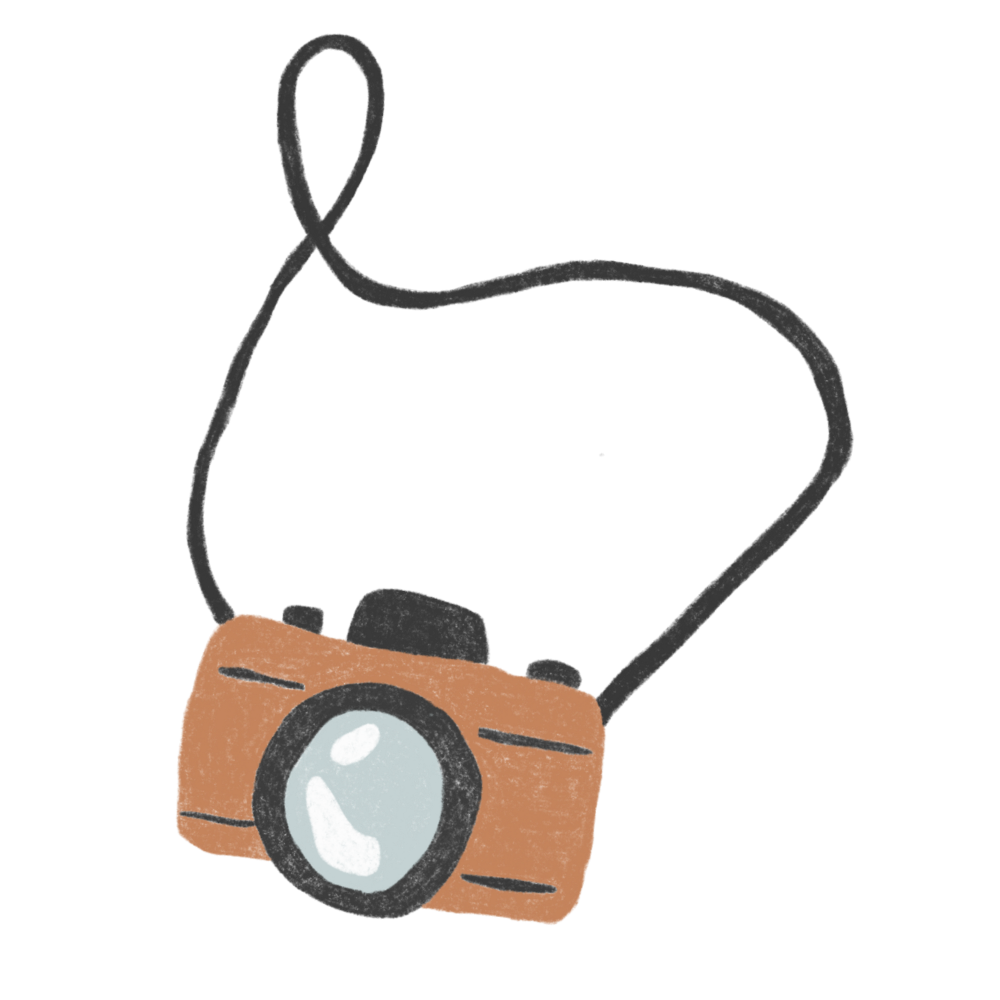 Drawing of a camera with a brown wooden body, a round lens, and a black strap, on a black background.